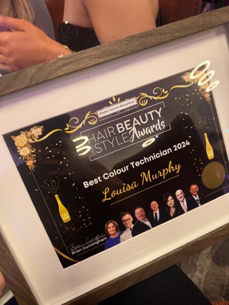 The framed certificate: Hair, Beauty and Style Awards, Best Colour Technician 2024, Louisa Murphy.